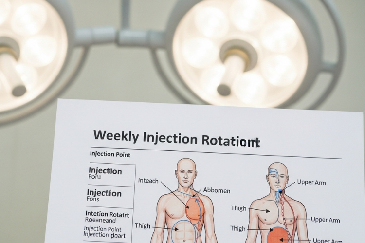 Realistic visual of a weekly rotation chart with highlighted injection points on a body diagram.
