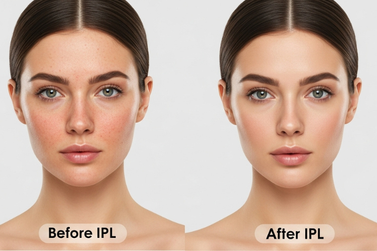 Before-and-after illustration: side-by-side faces showing pigmentation.