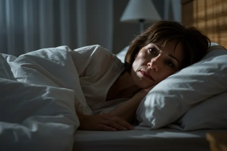 Middle-aged woman lying in bed at 3 a.m., awake illuminated by soft moonlight through curtains.