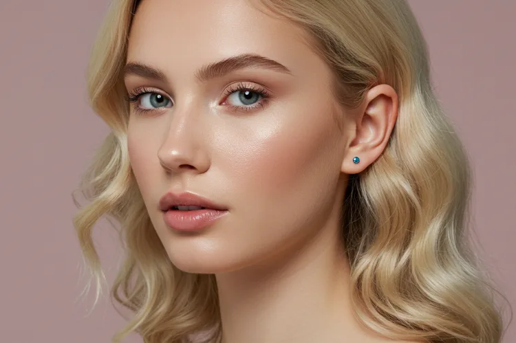 a woman with sensitive skin wearing small titanium steel hypoallergenic earrings.