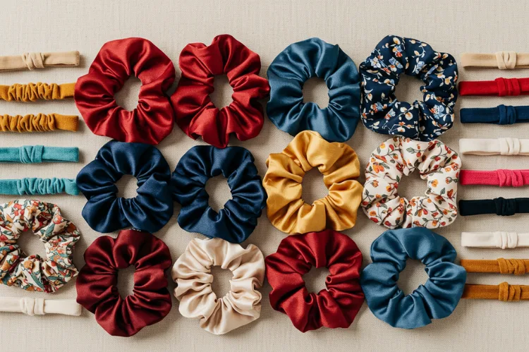Top view of satin scrunchies, fabric-covered elastics, and metal-free headbands.