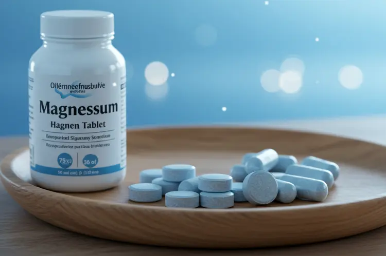 Magnesium supplement tablets on a wooden tray with calm blue tones.