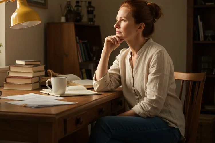 Realistic portrait of a thoughtful middle-aged woman sitting at a desk.