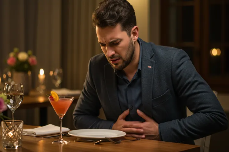 A person holding their stomach in discomfort