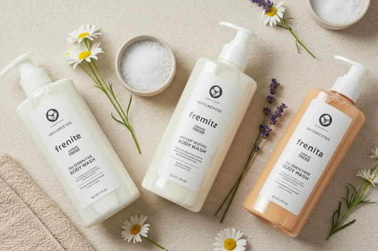 A gentle skincare flat lay with fragrance-free pH-balanced body wash bottles.