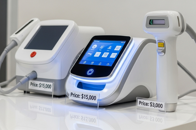 IPL device glowing in sleek design, next to an older IPL machine.