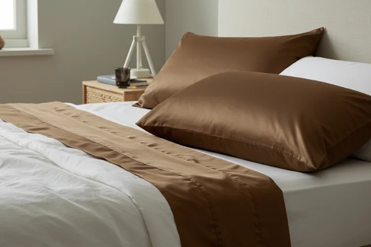 A cozy bedroom scene with bamboo sheets, cotton bedding, and a silk pillowcase.