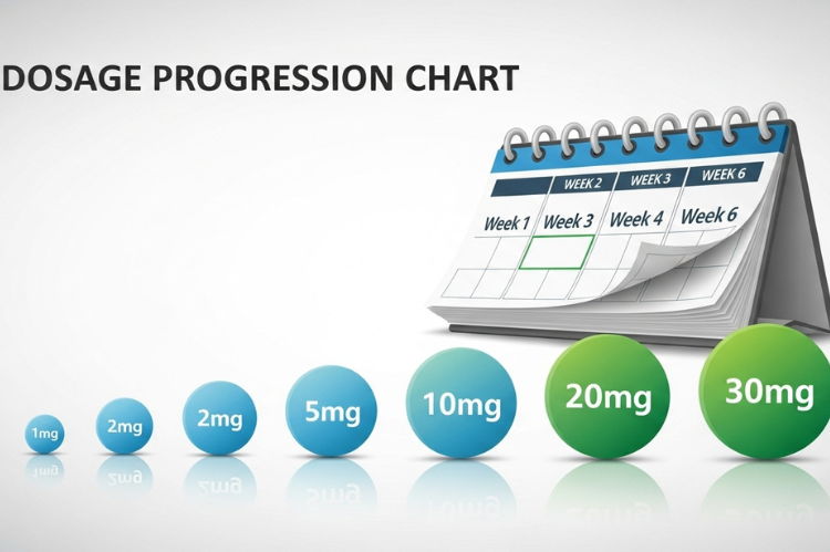 A dosage chart visually represented with tablets gradually increasing in size.