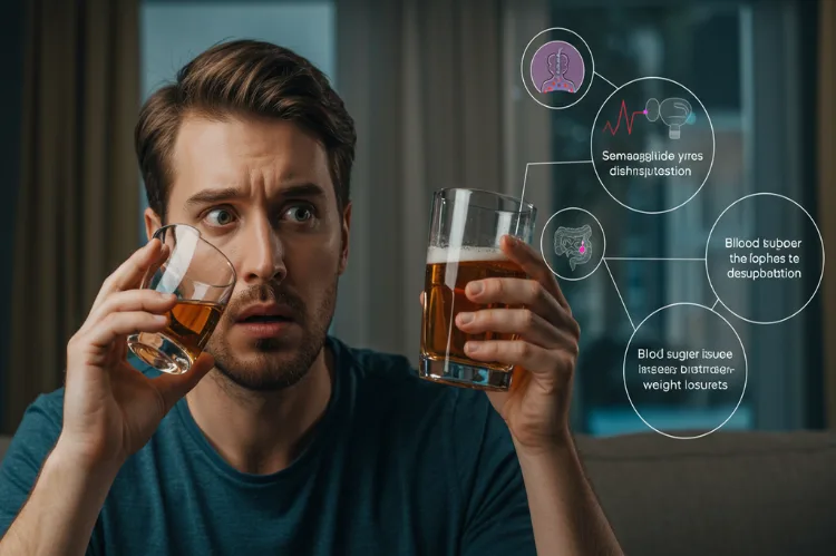 A realistic scene of a man looking dizzy after drinking.