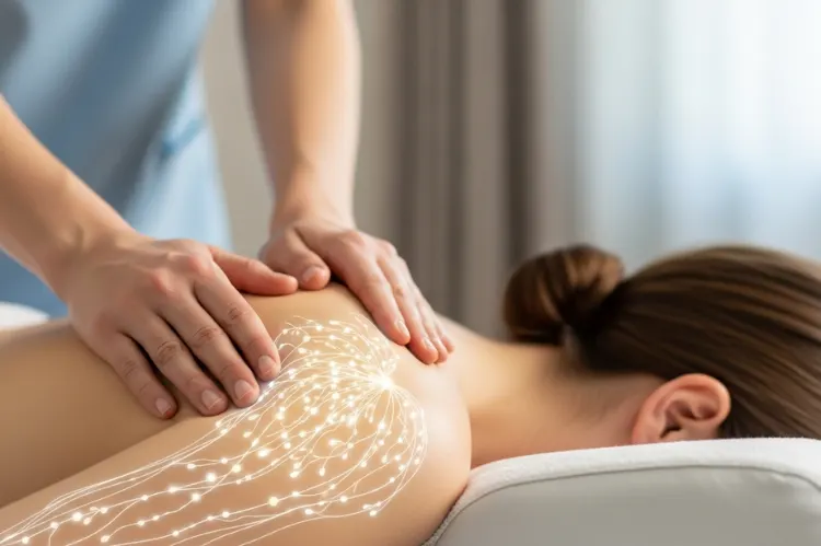 Massage therapist showing lymphatic flow