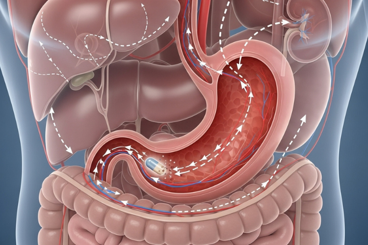 A realistic illustration of a human stomach and digestive system.