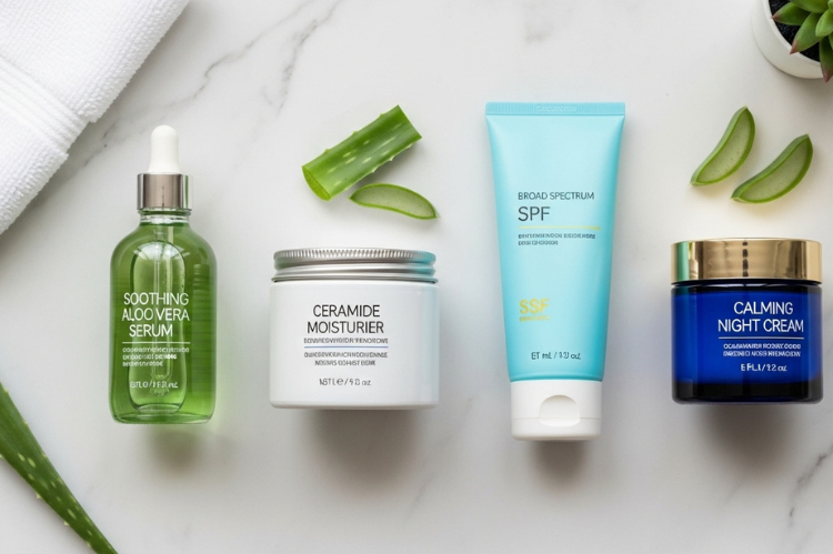 A flat lay of skincare essentials: soothing aloe vera serum, ceramide moisturizer.