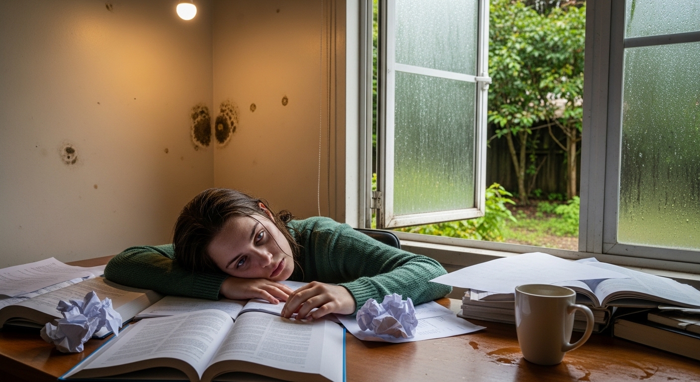 Tired young woman resting her head on a desk at home, dark circles under eyes.
