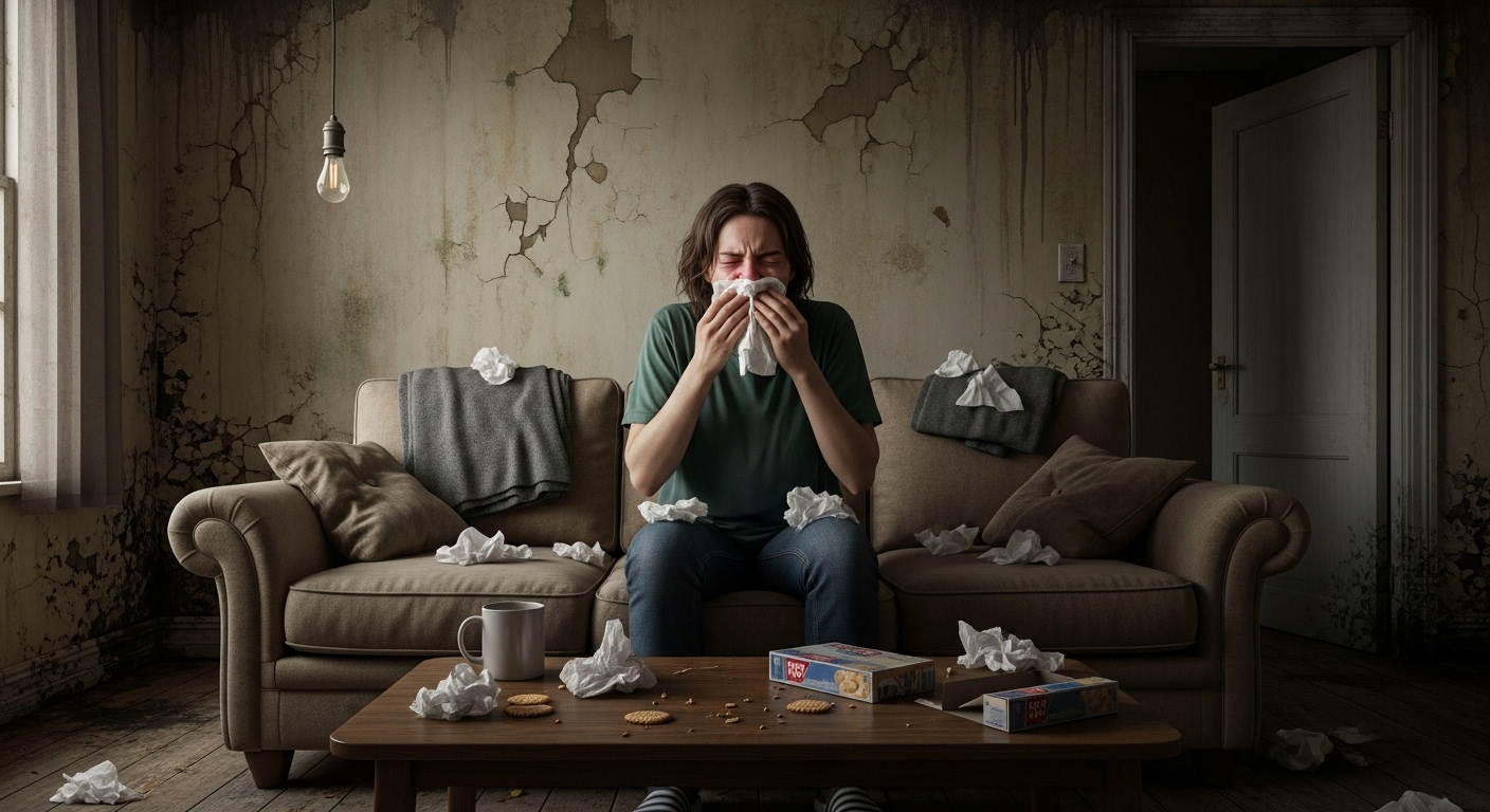 Person sneezing repeatedly while sitting on a sofa inside a moldy damp living room, visible water stains on the wall, realistic photography.