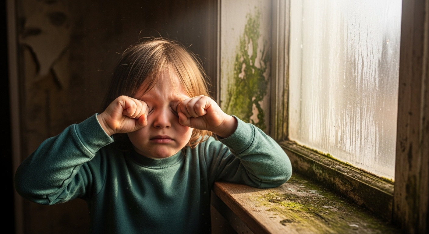 Child rubbing itchy red eyes near a moldy window sill, with sunlight filtering.