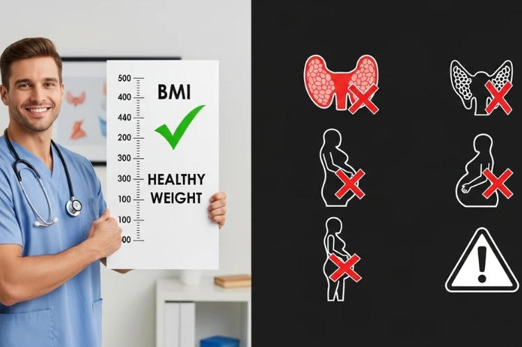 Split-screen BMI chart and warning icons