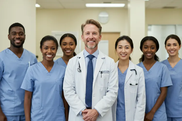 A confident clinic team standing together.