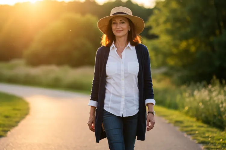 Confident midlife woman walking outdoors in golden hour light, wearing casual chic clothing.