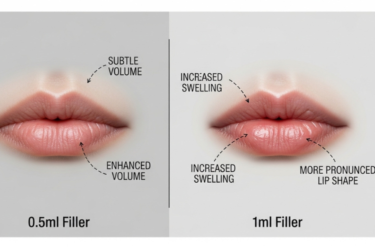 The first with subtle swelling after 0.5ml filler, the second with more dramatic puffiness after 1ml filler.