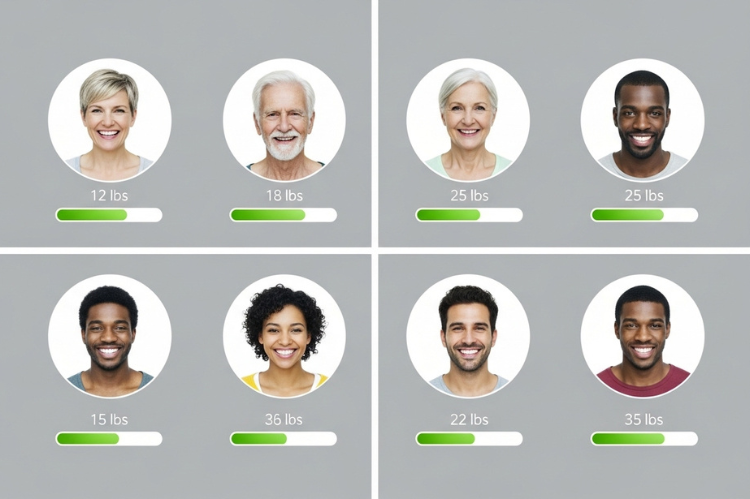 A grid layout with 7 profile icons each showing weight loss progress bars beneath them.