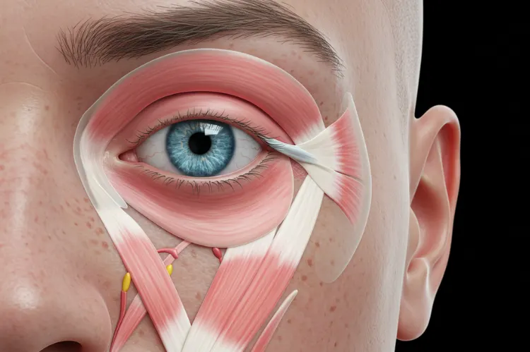 A realistic medical visualization of the periorbital area.