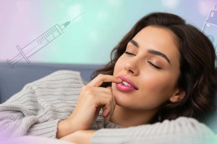 A young woman resting comfortably on a sofa after a cosmetic lip filler procedure.