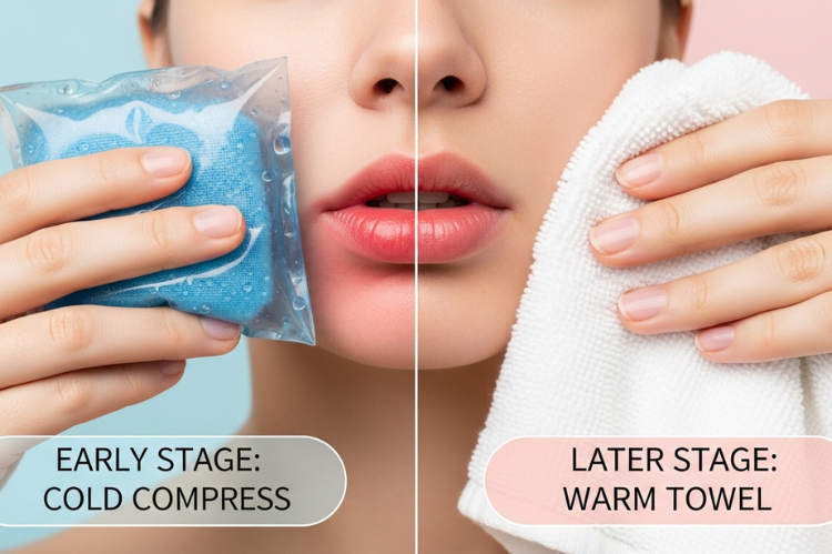 one side a cold compress held gently to swollen lips and on the other a warm towel near lips.