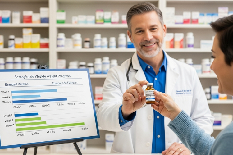 A pharmacy setting with a pharmacist handing a Semaglutide vial labeled “Compounded” to a patient.