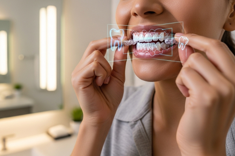 A person placing nearly invisible aligners into their mouth while smiling in a well-lit modern bathroom,