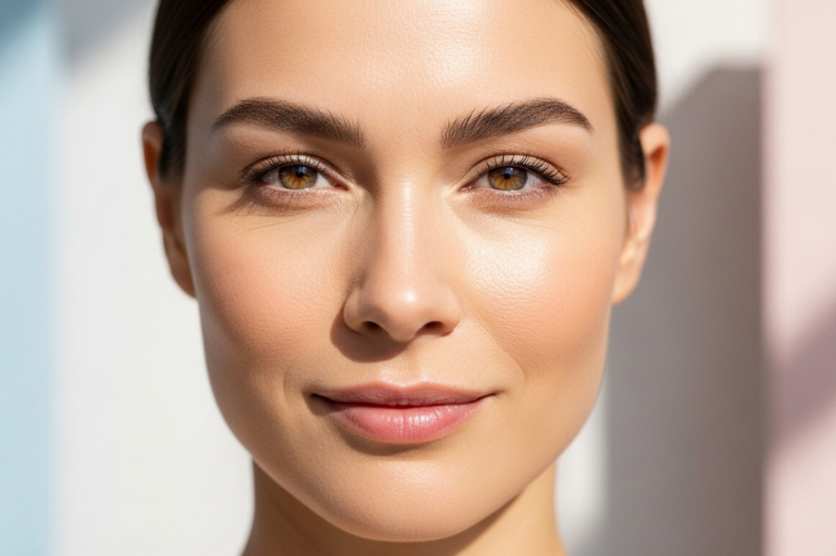 A close-up portrait of a woman with smooth, wrinkle-free skin between her eyebrows, looking relaxed and confident. Soft natural lighting, minimal background in light pastel tones, medical-aesthetic style, modern and professional look.