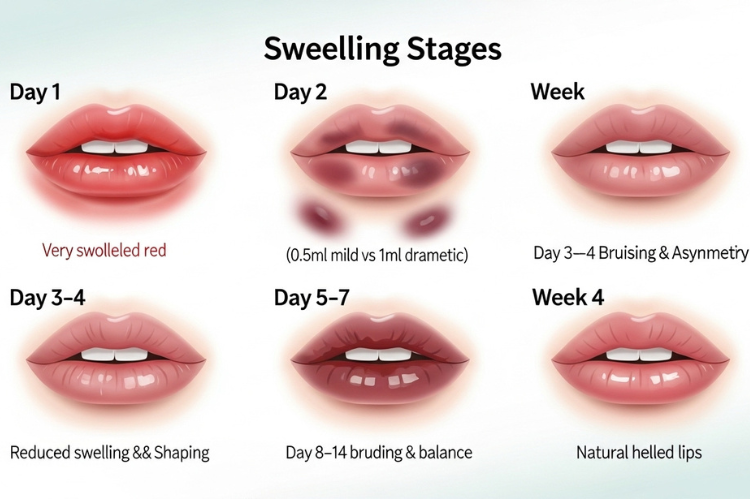 A neat infographic showing a day-by-day chart of lip filler recovery: day 1 to 4 week.