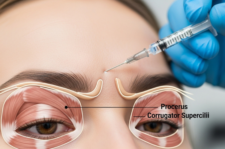 Botox injection into the glabellar area. A syringe with a small needle aimed at the frown lines.