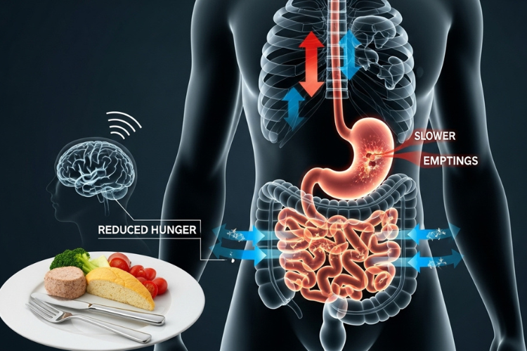 Showing the digestive system glowing, with arrows indicating slower stomach emptying.