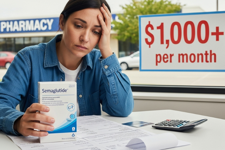 A frustrated patient looking at a high bill while holding a Semaglutide box. Shows the price tag $1000+ per month.