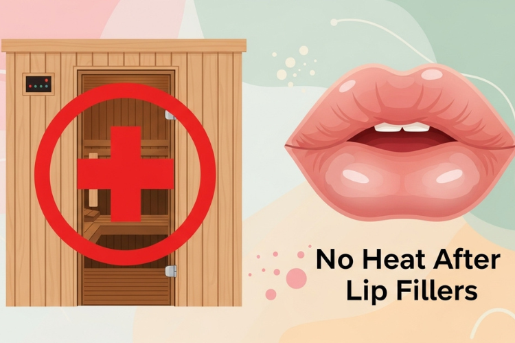 Visual of a sauna room with a big red cross symbol, next to an illustration of lips with mild swelling.
