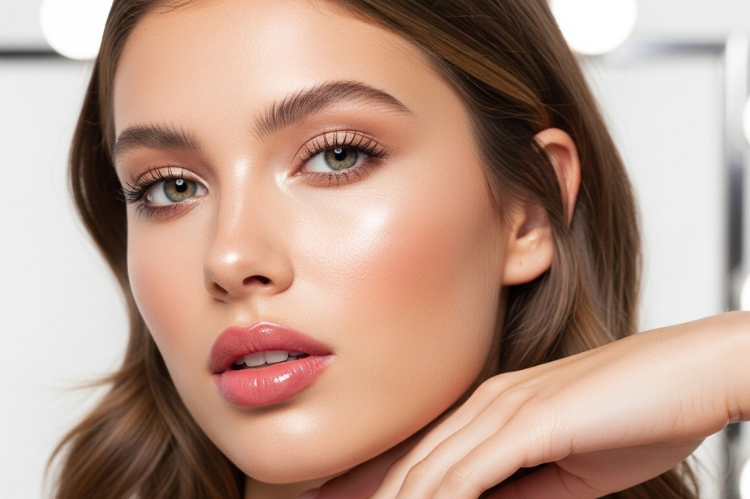 High-resolution photo of a young woman with naturally plump glossy lips.