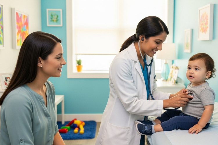 A pediatrician smiling warmly while checking a child’s heartbeat with a stethoscope, parent sitting nearby reassured.