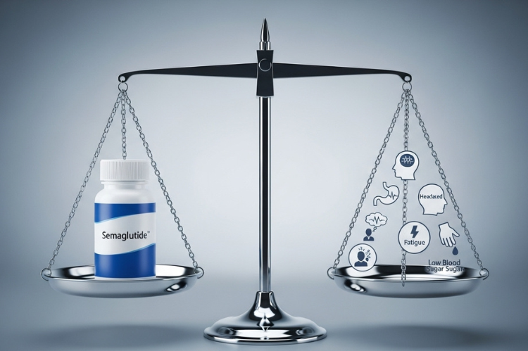 A balanced visual showing a medicine bottle of Semaglutide on one side of a scale and representing side effects on the other.