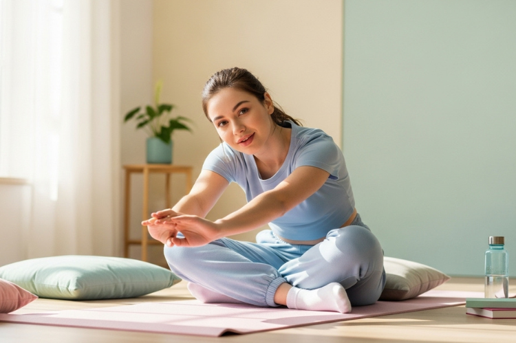 Scene of a young woman with mildly swollen lips sitting on a yoga mat.