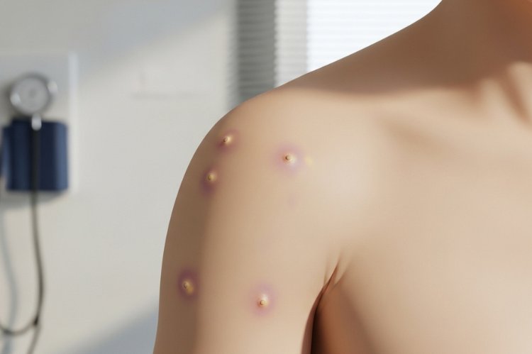 A calm medical illustration showing mild swelling and small bruising at injection sites.