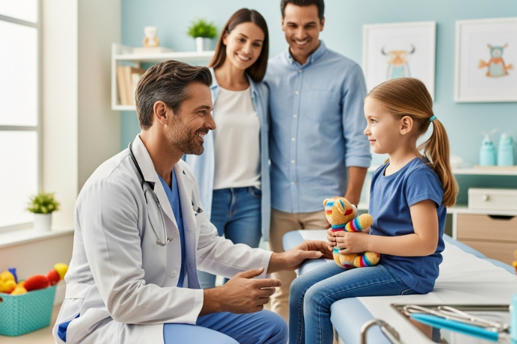 A doctor kneeling to talk to a child at eye level, supportive parents smiling, clinic environment radiating trust.A doctor kneeling to talk to a child at eye level, supportive parents smiling, clinic environment radiating trust.