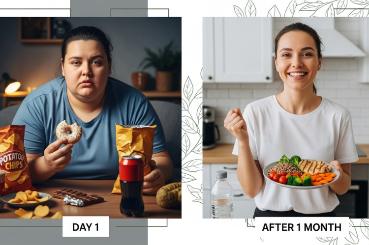 Left side: same person with frequent snacking symbols. On the right: reduced appetite, healthier meals, and a slightly slimmer body.