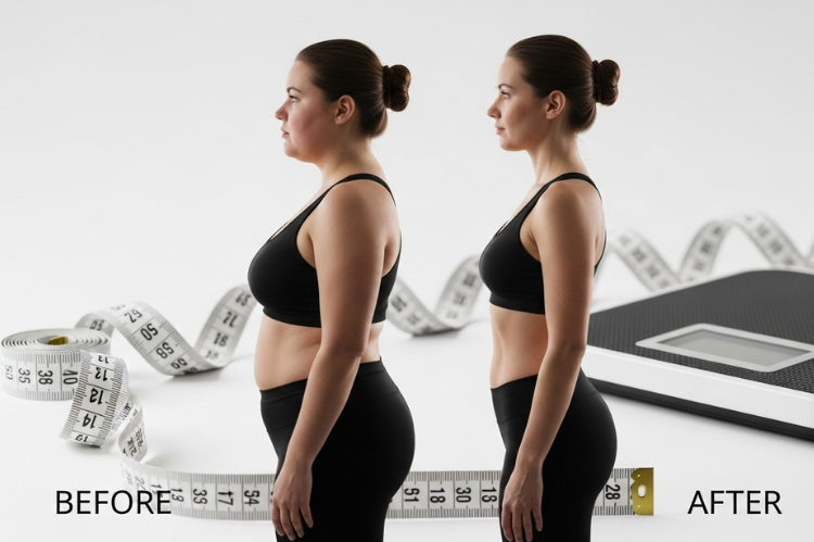 A collage of silhouettes highlighting slimmer waist, toned face, and reduced bloating. Add tape measures and a weighing scale in the background. 