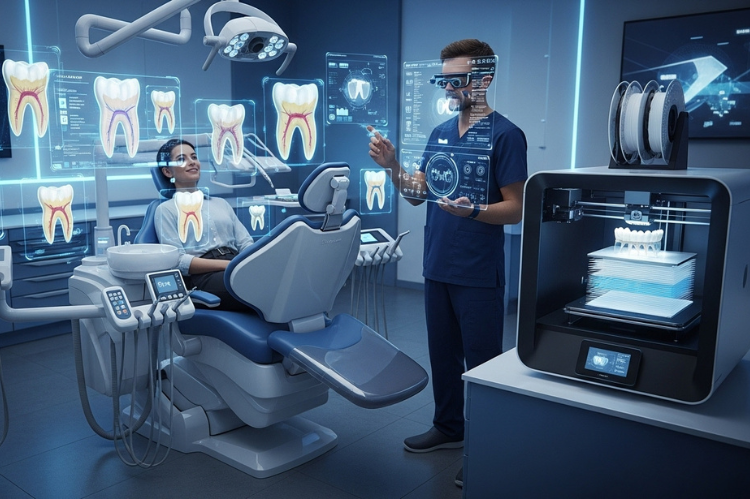 A futuristic dental chair surrounded by holographic tooth models, a 3D printer creating a crown.