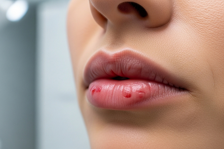 A close-up of lips immediately after a filler procedure with noticeable swelling, slight redness, and tenderness.