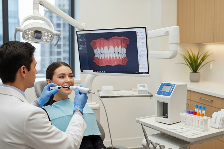 A modern dental office scene with a dentist using a digital 3D teeth scanner, a patient smiling while seeing their enamel scan.