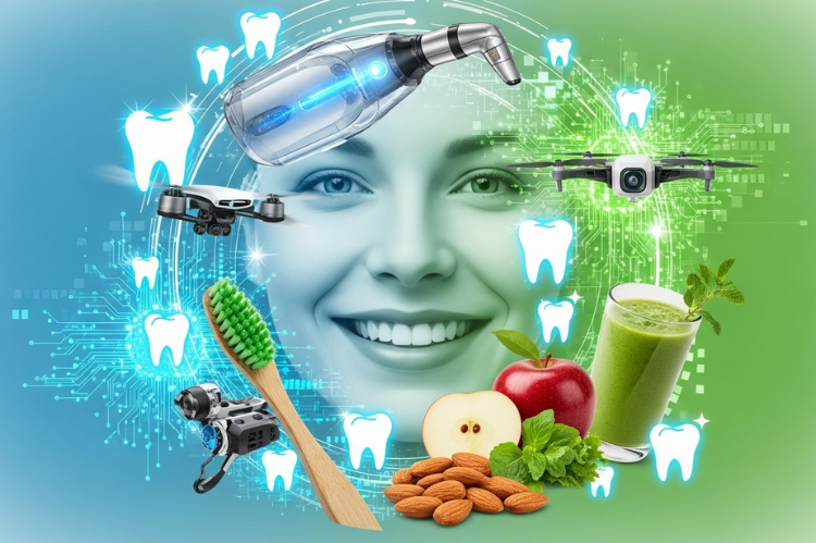 A modern smiling face glowing teeth, eco-friendly toothbrush, nutritious food items, and digital dental technology.