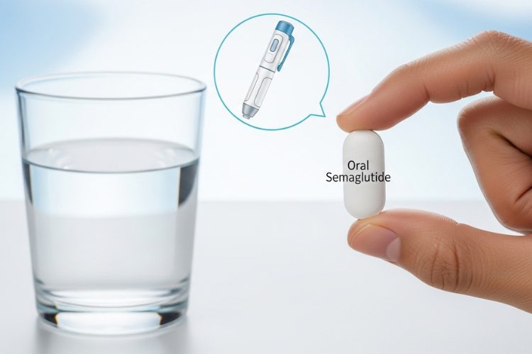 Medical-style render of a hand holding a pill labeled “Oral Semaglutide” next to a water glass. A faint comparison image of an insulin pen.