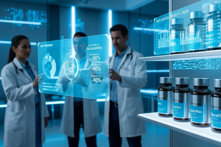 A futuristic concept of next-generation GLP-1 weight loss drugs displayed as sleek pill bottles on a digital shelf.