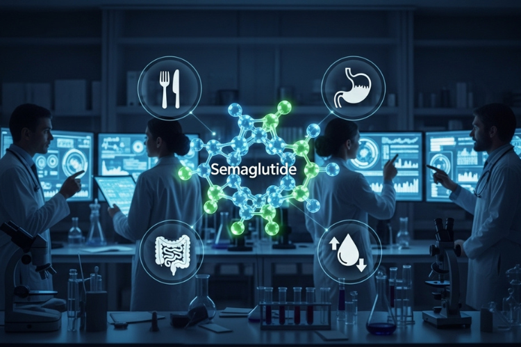 A glowing molecular structure of Semaglutide surrounded by icons of appetite, digestion, and blood sugar control.